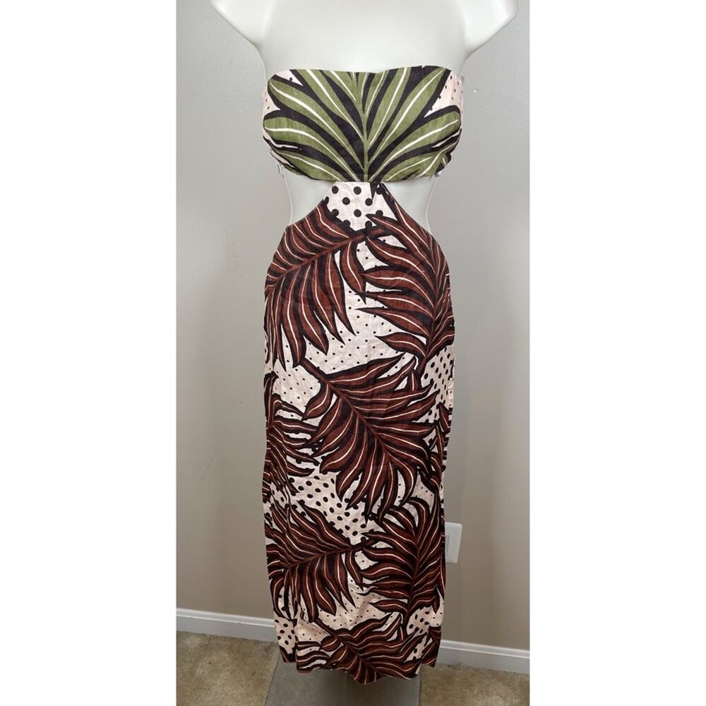 RETROFETE Kiara Strapless Linen Cutout Polkadot Leaves Midi Dress Size XS - Picture 3 of 9